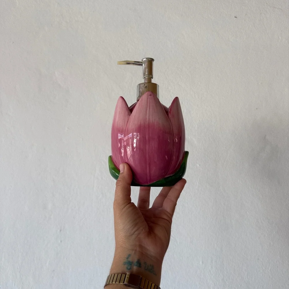 Vintage Avon RARE Pink Tulip Ceramic Soap Dispenser Sponge Holder Floral Decor